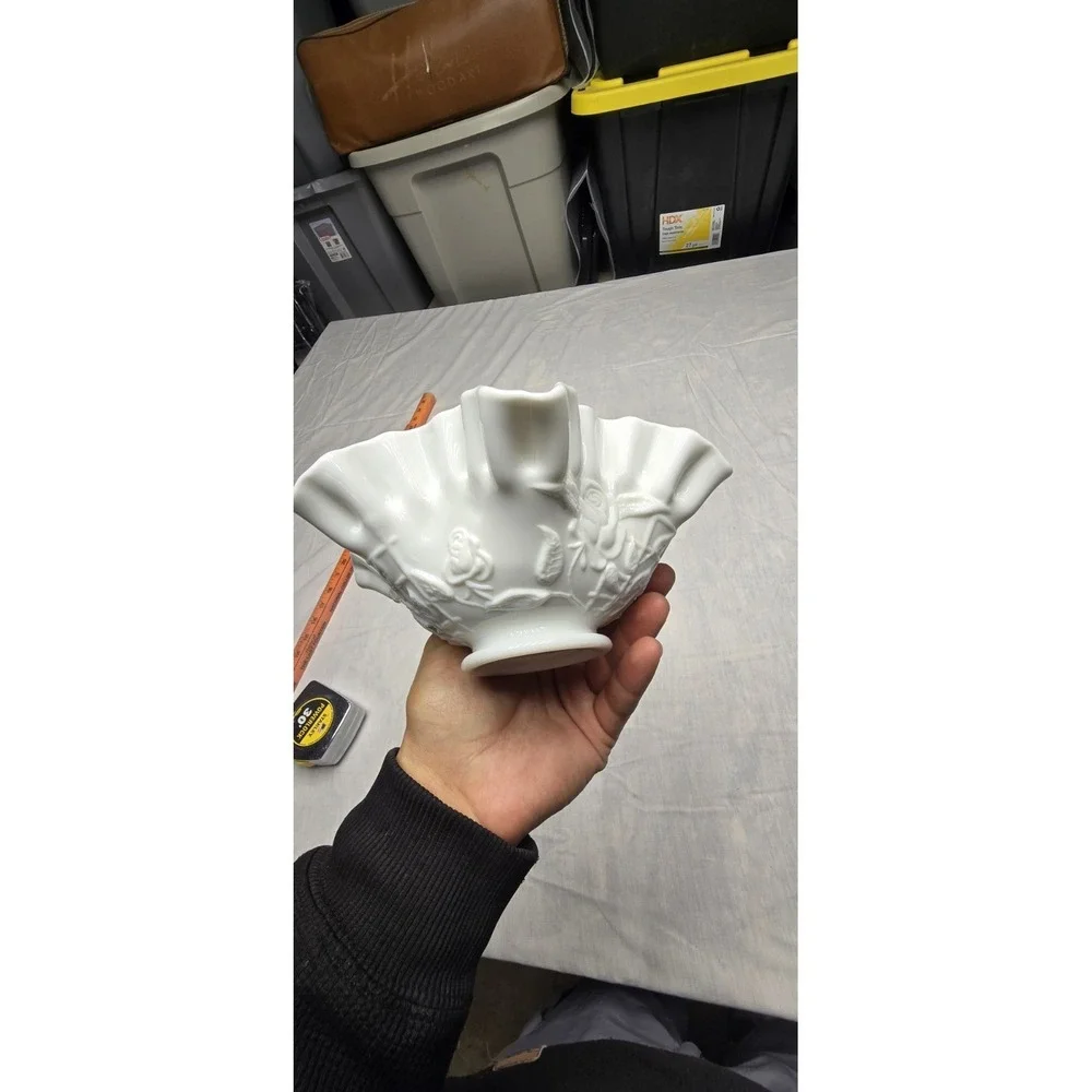 Vintage Milk Glass With Roses And Ruffle Rim - Picture 5 of 11